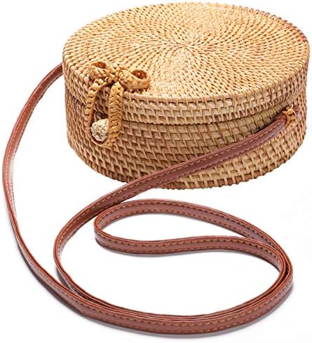 Handwoven Round Rattan Bag Shoulder Leather Straps Natural Chic Hand Gyryp