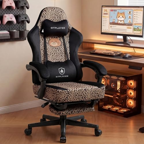 GTPLAYER Gaming Chair with Leopard Print Cat, Cute Velvet Fabric Ergonomic Offi…