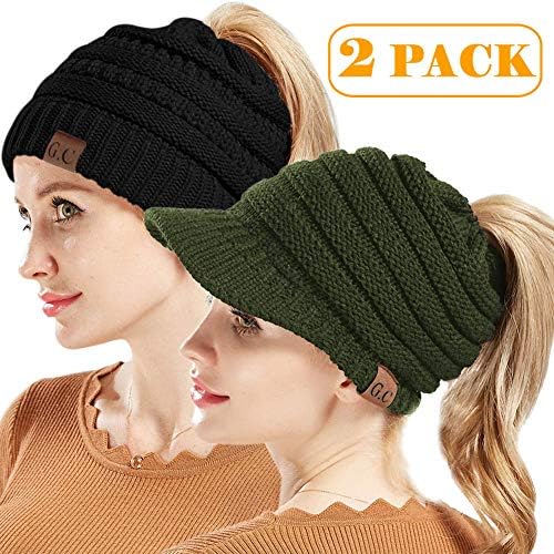 BeanieTail Warm Knit Messy High Bun Ponytail Visor Beanie Cap