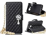 Note 5 Case, Welity Black Color Camellia Bling Rhinestone Soft Leather Grid Crystal Wristlet Chain Pu Leather Wallet Protector Phone Case Compatible with for Samsung Galaxy Note 5