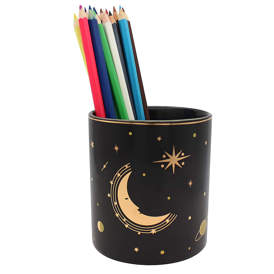 SIPLIV Starry Sky Pencil Holder Pen Containers, Durable Ceramic Desk Organizer Makeup Brush Holder for Office Classroom Home - Moon, Black