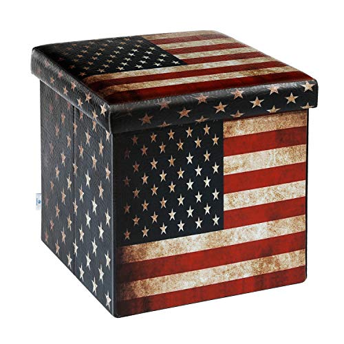B FSOBEIIALEO Small Storage Ottoman,Folding Stools Foot Rest, Storage Boxes Toy Chest Coffee Table, Faux Leather USA Flag 12.6"X12.6"X12.6"