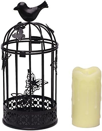 Black Metal Birdcage Lantern with Drop Effect Flameless Votive Candle,Battery Operated Candle,4H/8H Timer