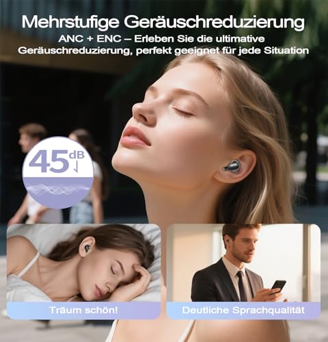 Bluetooth Headphones, Sleep Headphones, In-Ear Headphones, Wireless Bluetooth 5.4, Hi-Fi Sound with ANC+ENC 4 Microphones, 48H Headphones, IPX7 Sleep Mode without Warnings, Comfortable Side Sleepers