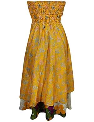 Womens 2 in 1 Sundress Recycled Silk Two Layer Printed Strapless Beach Dress Maxi Skirts