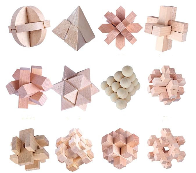 Coriver 12 Pack 3D Wooden Brain Teaser Puzzles, Wooden Brain Teaser Puzzle Logic Puzzles, IQ Games IQ Test Challenge Toy, Interlocking Puzzles me for Kids Teenager Adults