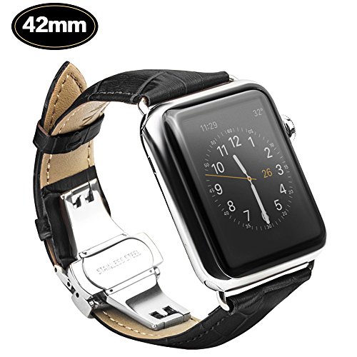 Apple Watch Strap, Xboun 42mm Apple Watch Band, Alligator Grain iWatch Series 1/2/3 Replacement Band with Classical Butterfly Push Button Deployment Buckle Strap Fits for ALL 42mm Models (Black)