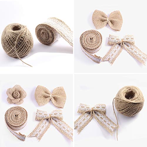 Forise Natural Burlap Ribbon Flowers Set,Include 16pcs Handmade Rustic Burlap Flowers,Different Sizes of Lace Burlap Ribbon Roll and Twine Ribbon for Wedding Home Craft Embellishment,21pcs