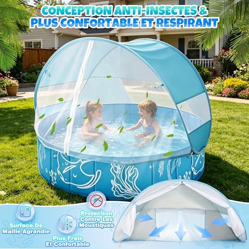 colmanda Baby Swimming Pool with Sun Shade 4 in 1 Large, 120 x 30 cm Baby Beach Tent Anti UV SPF50+ with Awning, Beach Pool, Foldable Ball Pool, Portable Beach Tent for Garden Beach