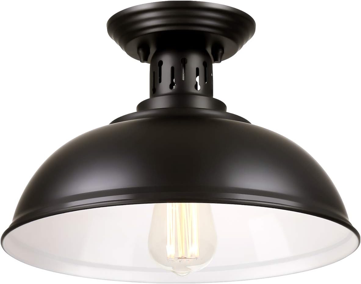 PEESIN Farmhouse Vintage Semi Flush Mount Ceiling Lighting, 12.8Inch Metal Black Close to Ceiling Light Fixture, Industrial Ceiling Lamp Rustic Style for Porch Foyer, Kitchen, Entryway, Pantry - - 