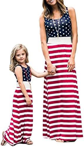Gueuusu 4th of July Mommy and Me American Flag Striped Dot Patchwork Long Maxi Dress Beach Sleeveless Tank Dress