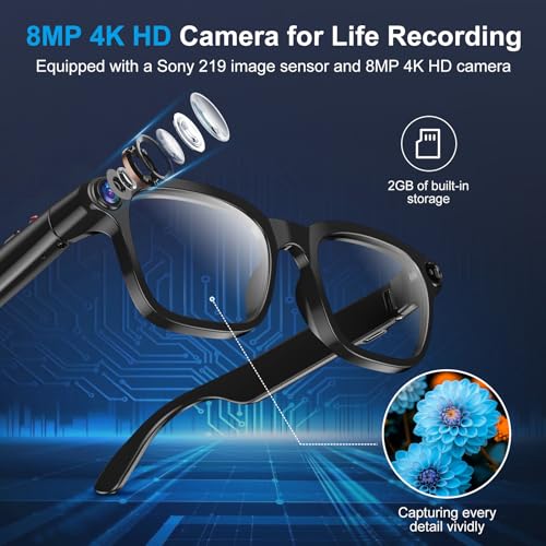 AI Smart Glasses with 8MP Camera, 4K Video, Photo Capture, Real-Time Translation, Recording, AI Assistant, Open-Ear Audio, Bluetooth, Object Recognition, Replaceable Sunglasses Lenses for Men Women