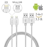 Safergo Lightning Cable for Travel,2-in-1 Rugged [Nylon Braided] iPhone&Micro USB Dual-side Charger for Cellphone, Silver 3.3ft 2Pack