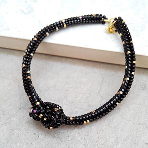 Speckled Black and Gold Knot Bracelet in Miyuki Beads and Gold Filled Hardware