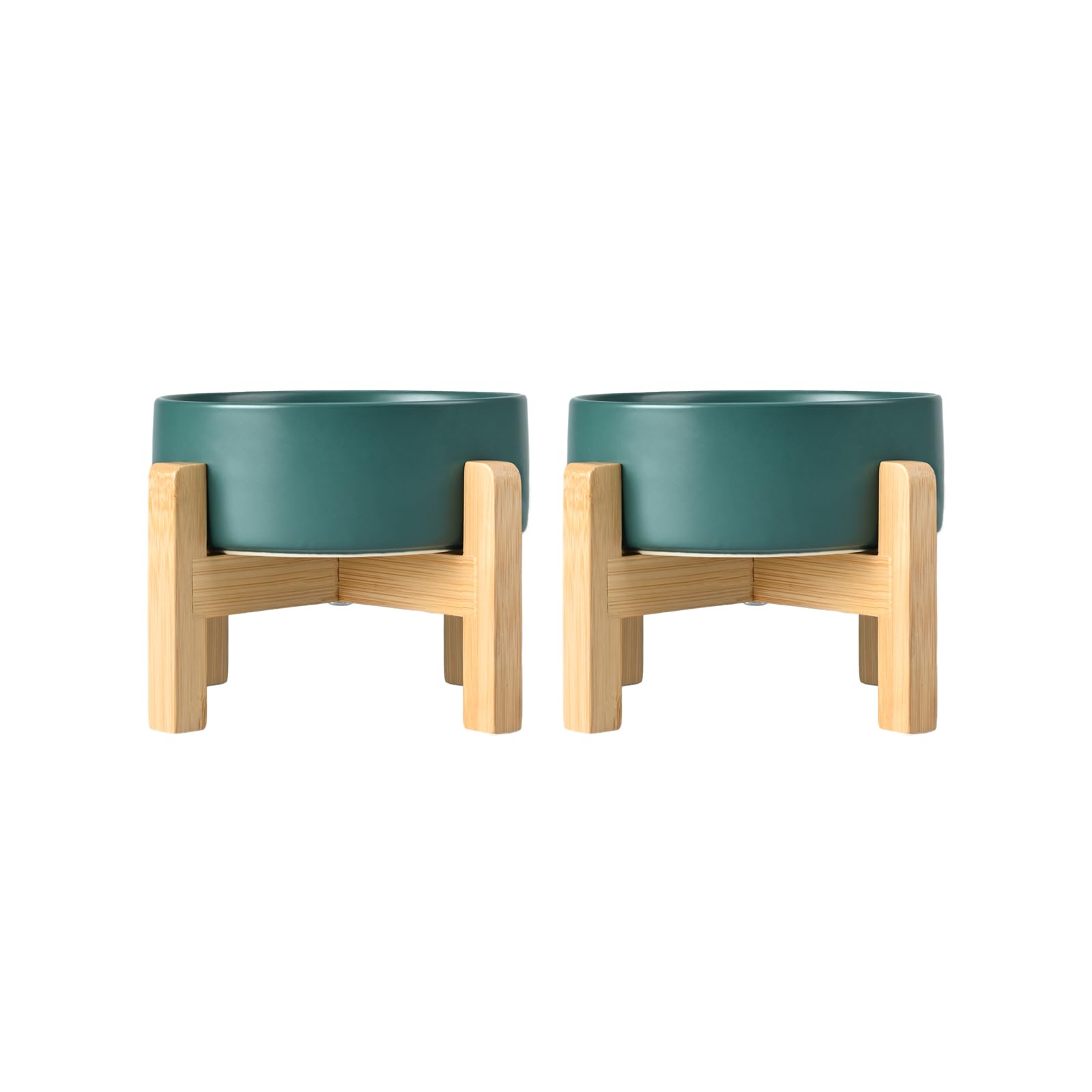 SPUNKYJUNKY Ceramic Raised Dog Bowl Set with Bamboo Stand for Cats and Dogs (400ml, Green)