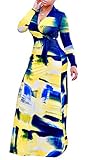 Farktop Women's V Neck Long Sleeves Digital Graffiti Printed Prom Party Maxi Long Dress with Belt