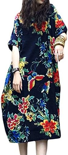 LVCBL Women Summer Short Sleeve Linen Loose Kaftan Casual Baggy Dress Plus Size S-5XL