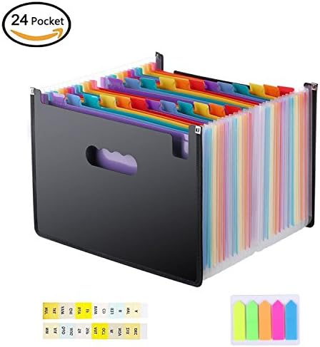 【24 Pockets Expanding File Folder Organizer】 letter size，Plastic Accordion Expandable File Folder Organizer with Expandable Wallet Stand