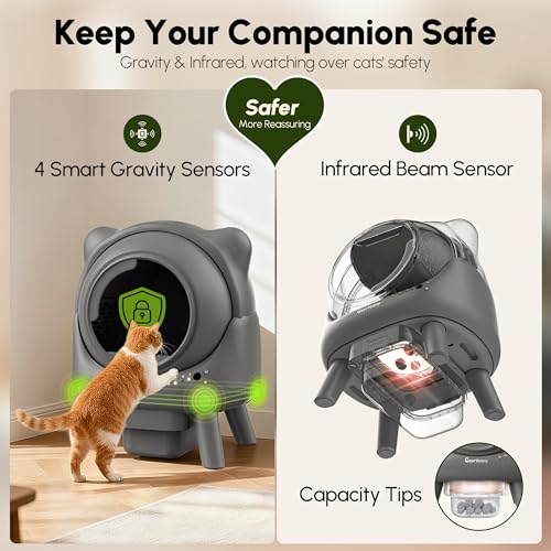 Cavrtbany Automatic Cat Litter Box, Self Cleaning Litter Box, Robot Litter Box for Multiple Cats, Litiere Pour Chat Autonettoyant, with Smart APP Control and 5 Safety Sensors, with Trash Bags, Gray