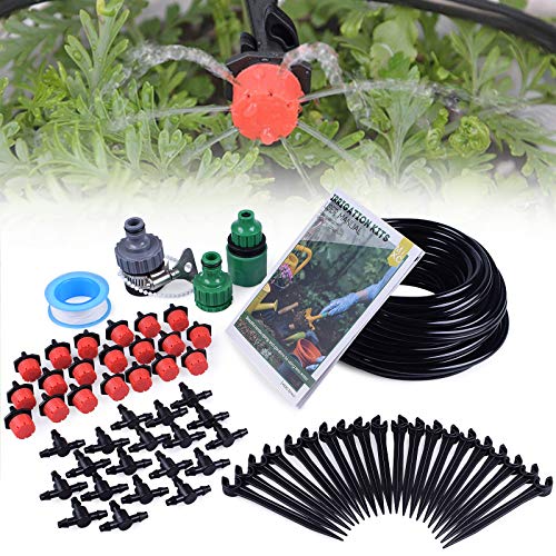 MIXC 1/4-inch Drip Irrigation Kits Plant Watering System Accessories Fitting with 50ft 1/4"Blank Distribution Tubing Hose, 20pcs Emitters, Barbed Fittings, Support Stakes, Quick Adapter, Model: GG0C