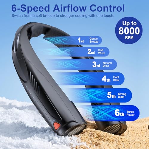 Gentsvip Portable Neck Fan with Reading Light, 6-Speed Wearable Fan, 6000mAh USB-C Rechargeable Hands Free Fan, Summer Gifts for Men Women, for World Cup, Outdoor Work, Travel, Camping - Black