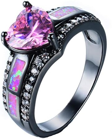 JBL Women Romantic Princess Pink Fire Opal Heart Black Gold Filled Engagement Wedding Ring