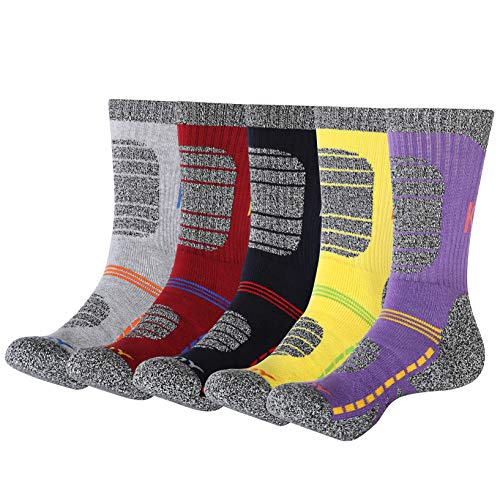KONY Womens Cotton Full Cushioned Hiking Socks, 5 Pack Moisture Wicking Outdoor Trekking Crew Socks