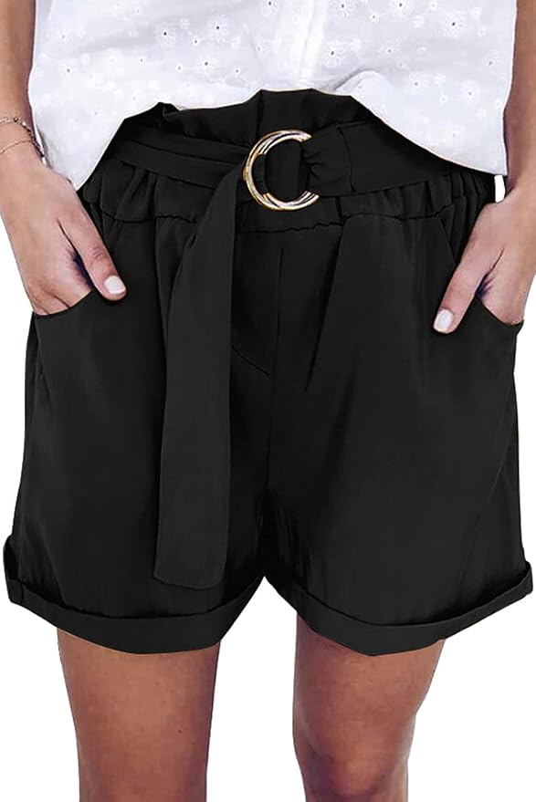 YJM Womens Elastic Waist Fashion Bermuda Shorts Solid Color Belt Summer