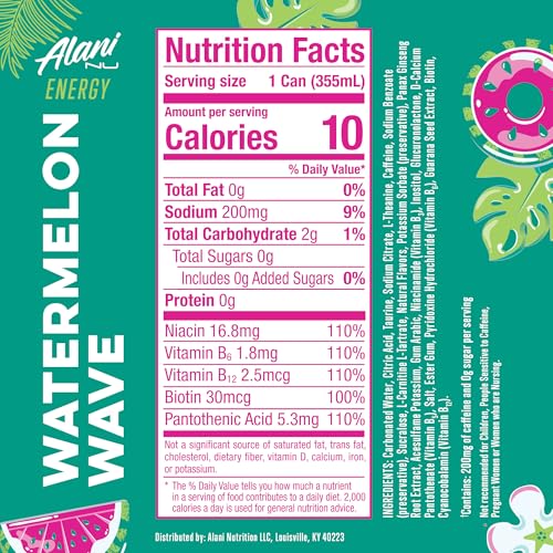 ALANI NU WATERMELON WAVE, SUGAR FREE, LOW CALORIE ENERGY DRINKS, 200MG CAFFEINE, BIOTIN, B VITAMINS, ZERO SUGAR, 10 CALORIES, 12 FL OZ CANS, 24 PACK
