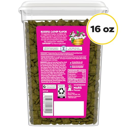 TEMPTATIONS CLASSIC CRUNCHY AND SOFT CAT TREATS BLISSFUL CATNIP FLAVOR, 16 OZ. TUB