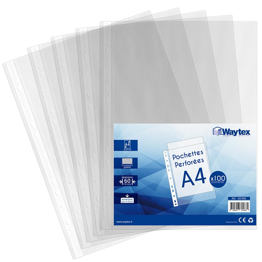 Waytex 931305 Perforated Pockets A4 Grained Transparent 60 Microns - Pack of 100