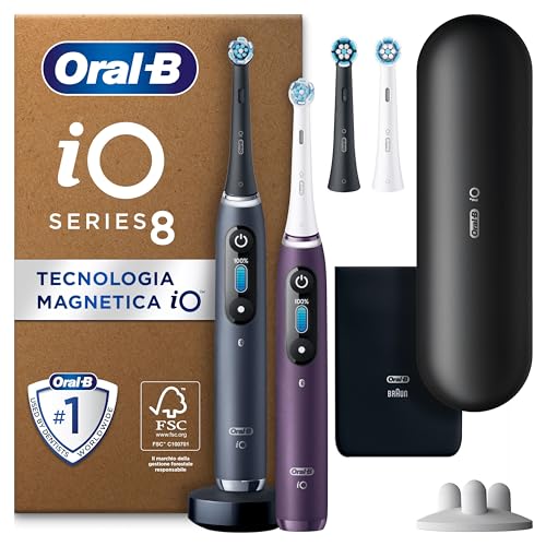 Oral-B Spazzolino Elettrico Ricaricabile iO 8 Nero e Viola, 4 Testine Di Ricambio + Astuccio per caricatore. 2 Spazzolini