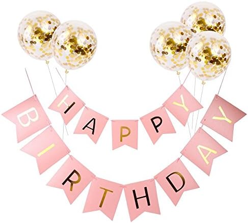 Evey Pink Happy Birthday Banner and 5 Pieces Glod Confetti Balloons for Birthday Party Decoration Party Flag Bunting Supplies (Pink)