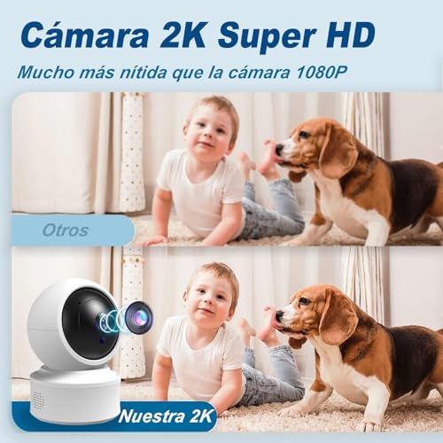 BAKEWAY 2K HD Cámara de Seguridad Interior, 3MP Cámara Wi-Fi de Seguridad Interior, con Visión Nocturna Audio Bidireccional y Detección de Movimiento 360 Grados para Hogar Bebé Mascota etc