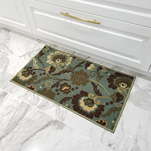 Doormat 18x30 Teal Floral Kitchen Rugs and mats | Rubber Backed Non Skid Rug Living Room Bathroom Nursery Home Decor Under Door Entryway Floor Carpet Non Slip Washable | Made in Europe - Thumbnail 6