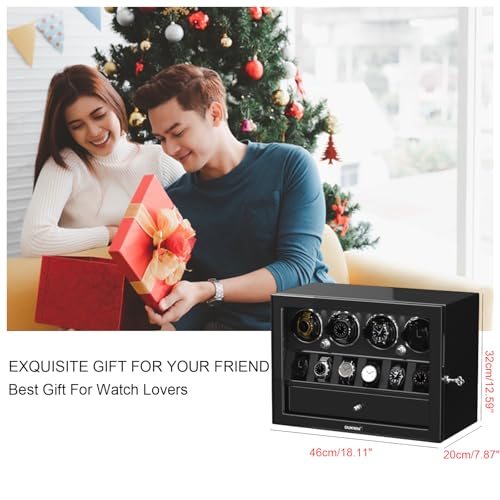 DUKWIN Watch Winder for 2/4/6/8 Automatic Watches with Key Lock, 3/6 Extra Watch Storages,4 Rotation Modes, LED Light, Super Quiet Motor, Spring Watch Pillows for Men＆Women