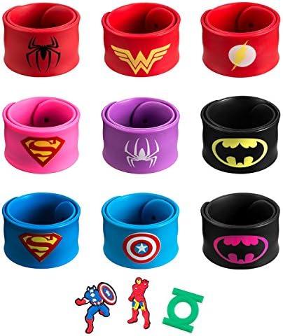 AMASKY Superhero Slap Bracelet, Slap Bracelet for Kids Boys & Girls Birthday Party Supplies Favors, Three Additional Superhero Brooch. (12 in Pack)