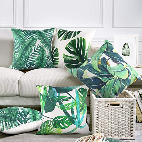 Johouse 4 PCS Tropical Leaves Pillow Covers, Cotton Linen Decorative Summer Green Leaf Throw Cushion Cover for Sofa Bed Car Couch and Summer Party Favor,18x18inch