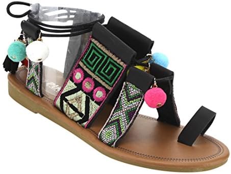VIA PINKY EF74 Women's Pompom Leg Wrap Fringe Lace Up Flat Sandals, Color:BLACK, Size:8.5