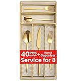 Gold Silverware Set with Organizer, 40-Piece