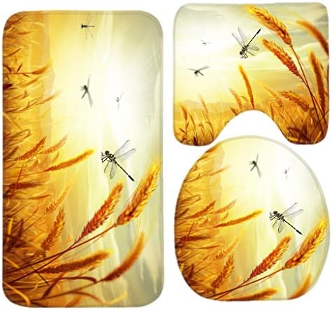 SSOIU 3 Piece Bath Mat Set Fields Wheat Grass Grain Field Dragonflies Gold Farm Oats Bread Sky Non-Slip Bathroom Mats Contour Toilet Cover Rug