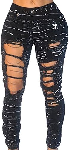 LIYT Women's Fashion Slim Fit Paint Chain Ripped Hole Jeans Pencil Pants