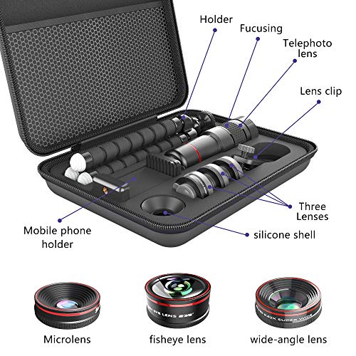 Phone Camera Lens Kit 9 in 1: 22X Telephoto Lens, 205° Fisheye Lens, 0.5X Wide Angle Lens & 25X Macro Lens, Compatible with iPhone 8 7 6 6s Plus X XS XR Samsung