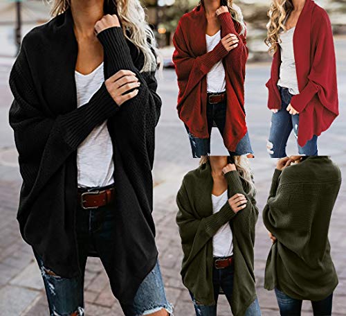 Womens Soft Chunky Knit Sweater Casual Kimono Batwing Cable Open Front Oversized Cardigan Loose Long Sleeve Pullover Black - Thumbnail 4