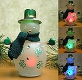 Irish Snowman Figurine - Frosted Glass Snowmen Statue with Hand Painted Shamrock Designs - Light Up Base with LED Lights - St. Patrick's Day Decor