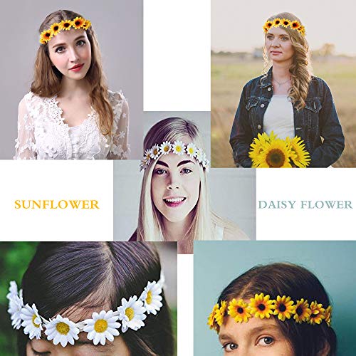 Milacolato 6-12Pcs Handmade Daisies Sunflower Headband Boho Floral Wreath Bridal Headpiece for Wedding Festivals Hair Accessories White&Yellow