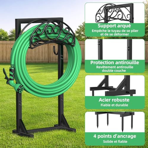 iRhodesy Garden Hose Holder, 109.5 cm Garden Hose Holder 45 m with 2 Tool Hooks and 4 Anchor Tips, Removable and Freestanding Garden Lawn Stand