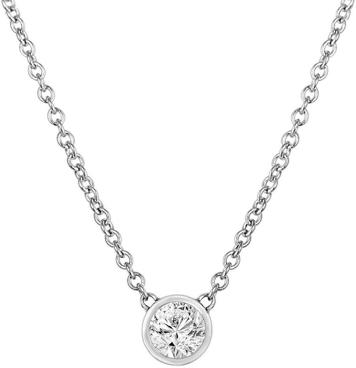 14k White Gold Bezel Set Round Diamond Solitaire Pendant