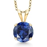 Gem Stone King 14K Yellow Gold Blue Created Sapphire Pendant Necklace for Women | 1.00 Cttw | Gemstone September Birthstone | Round 6MM | With 18 Inch Silver Chain