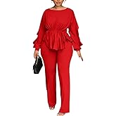 knowfashionstyle Women'S 2 Piece Outfits Suit Set Long Sleeve Peplum Top Pants Sets Casual Pantsuits Elegant Business Suit